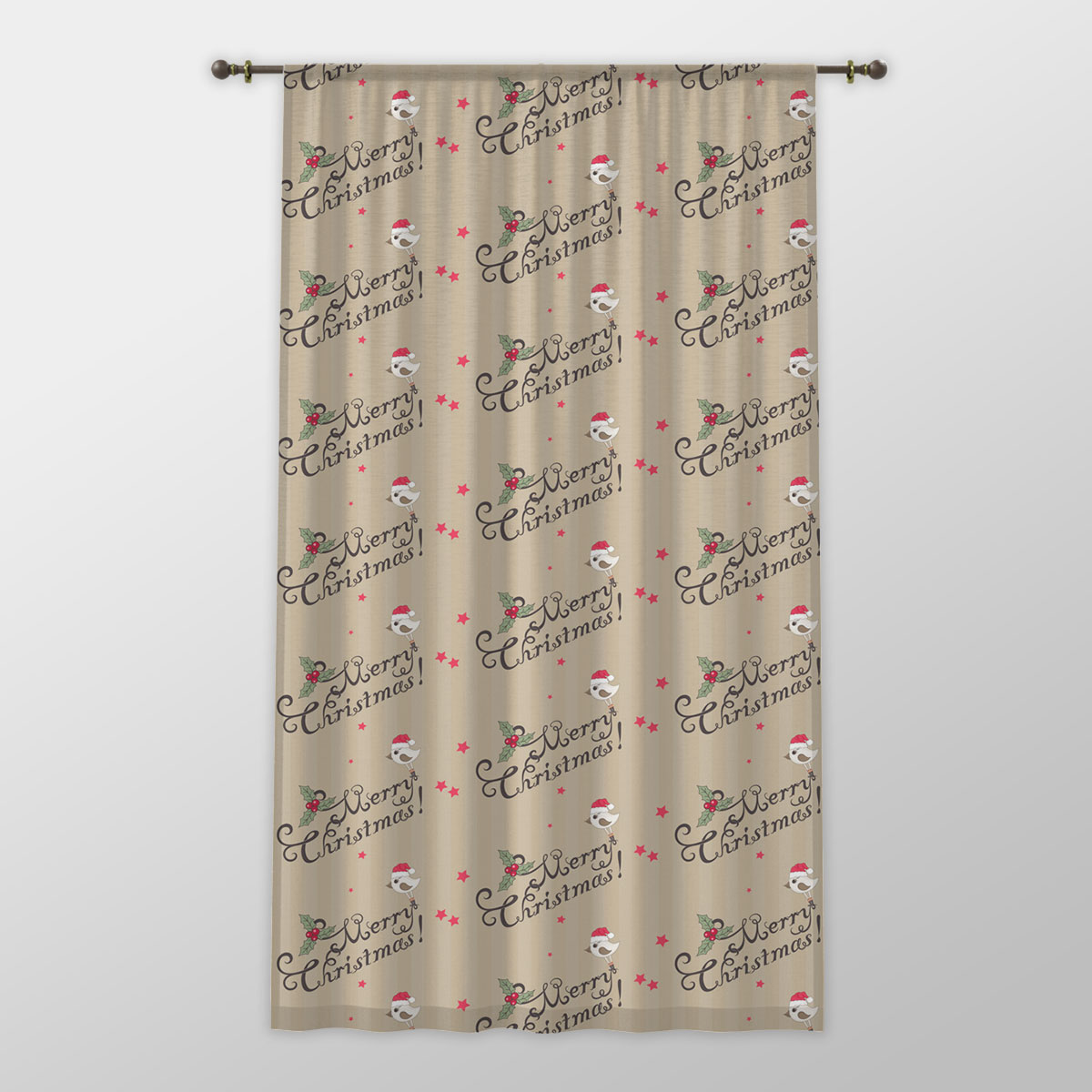 Merry Christmas With Cardinal Bird And Holly Leaf One-side Printed Window Curtain