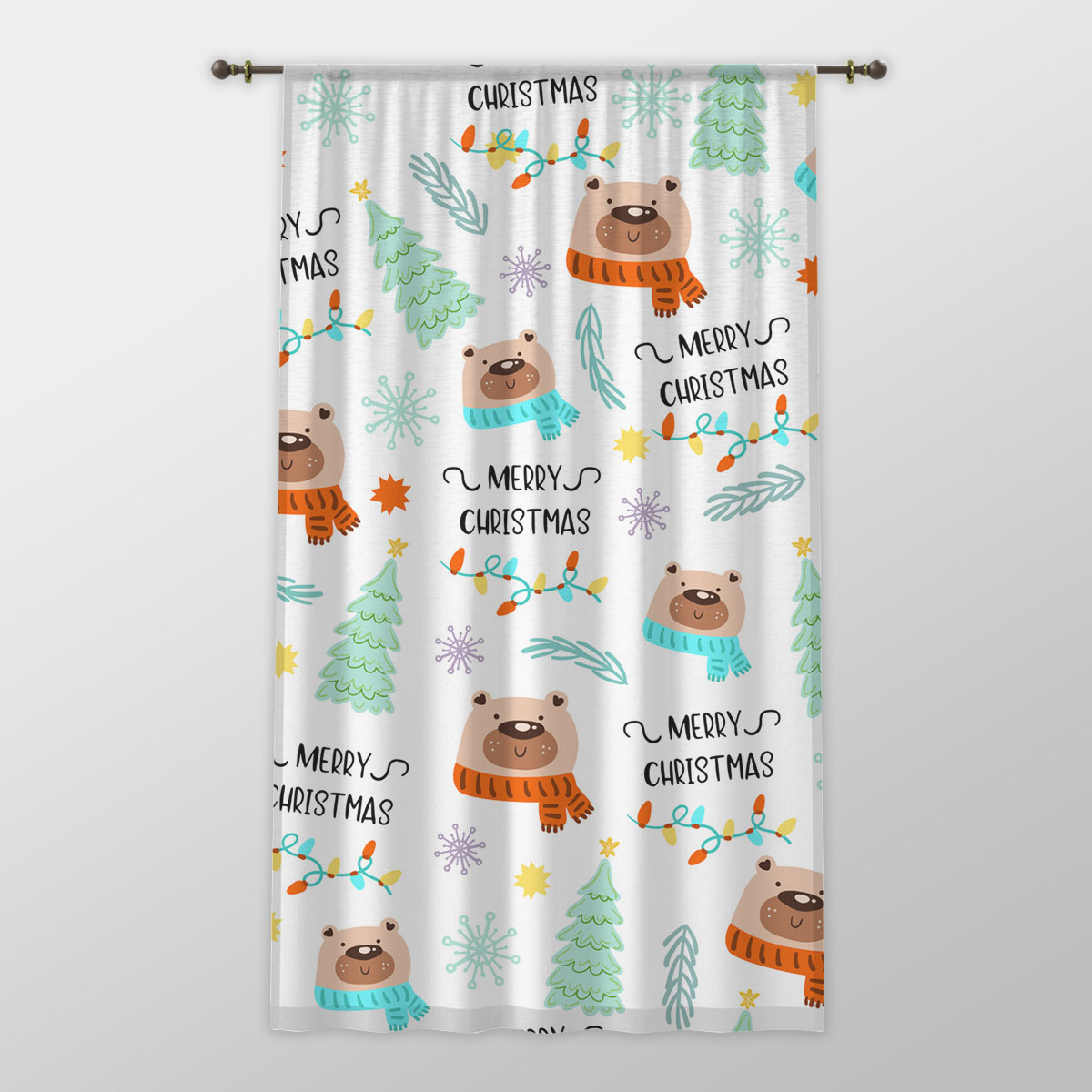 Merry Christmas With Polar Bear, Snowflake, Christmas Tree One-side Printed Window Curtain