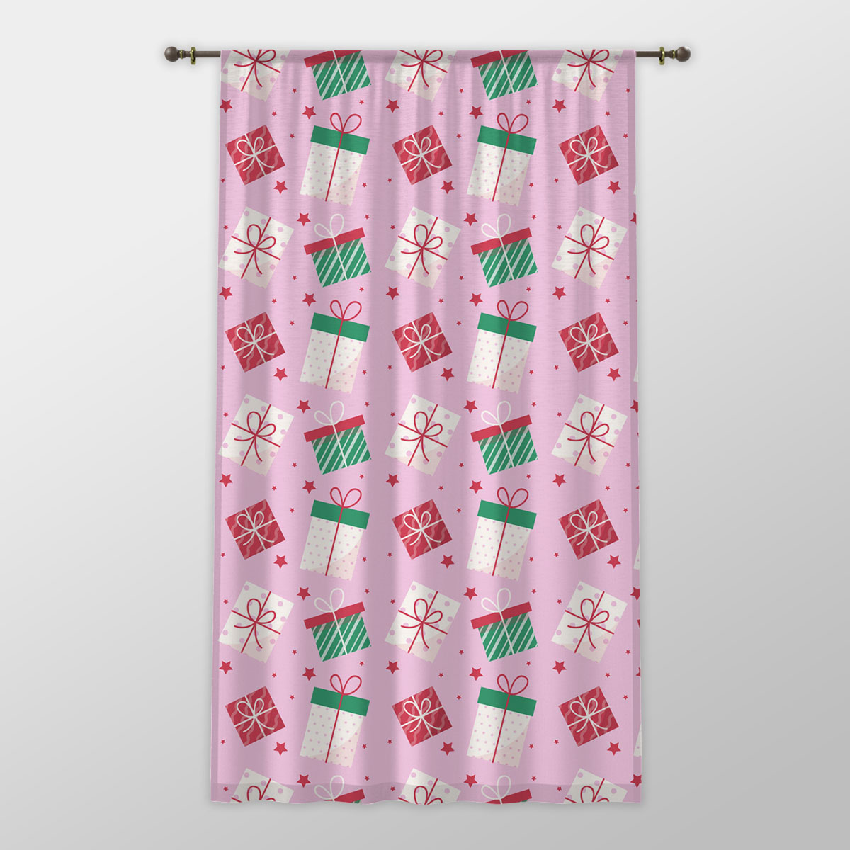 Red Green And White Christmas Gift On Pink Background One-side Printed Window Curtain
