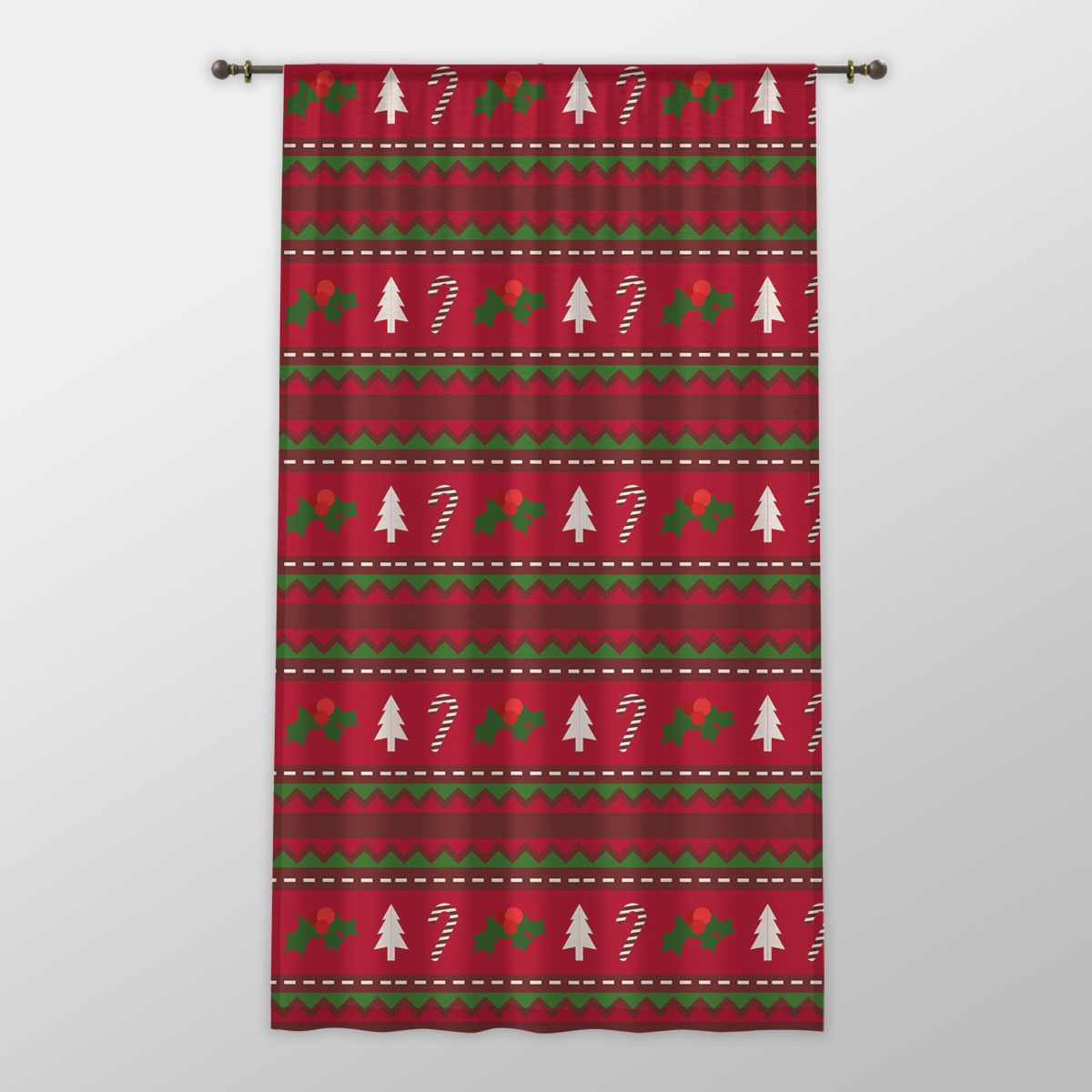 Red Green And White Christmas Tree, Holly Leaf With Candy Cane.jpg One-side Printed Window Curtain