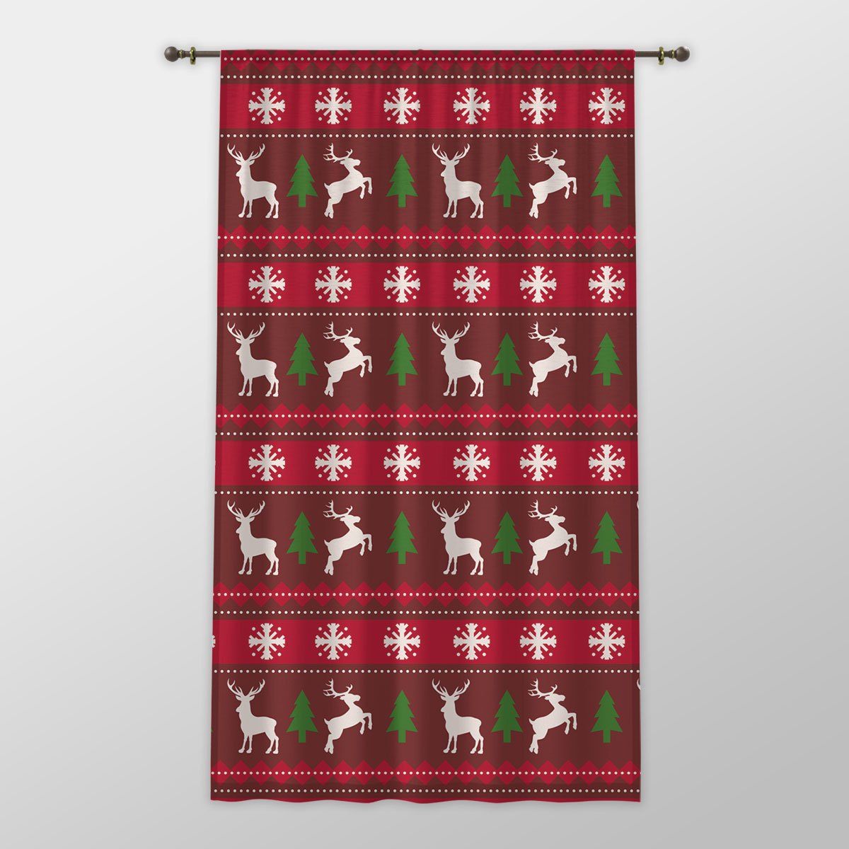 Red Green And White Christmas Tree, Reindeer With Snowflake One-side Printed Window Curtain