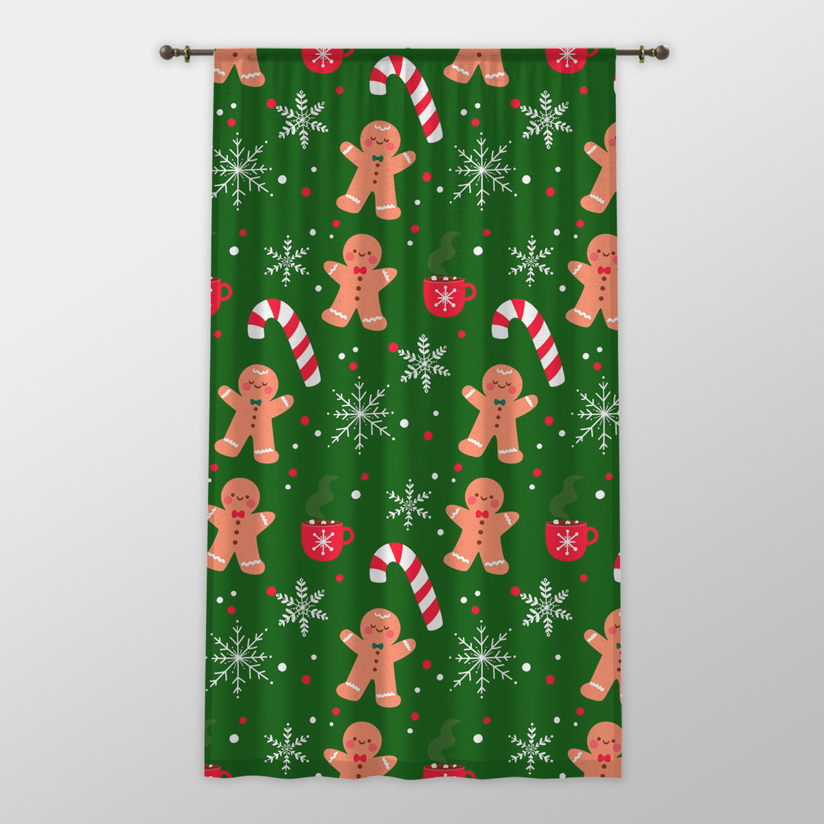 Red Green And White Gingerbread Man, Candy Cane With Snowflake One-side Printed Window Curtain