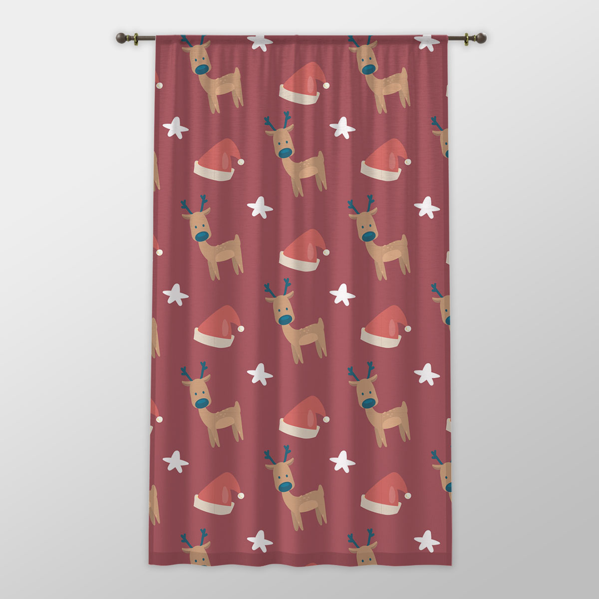 Reindeer Clipart, Santa Hat And Star Seamless Red Pattern One-side Printed Window Curtain