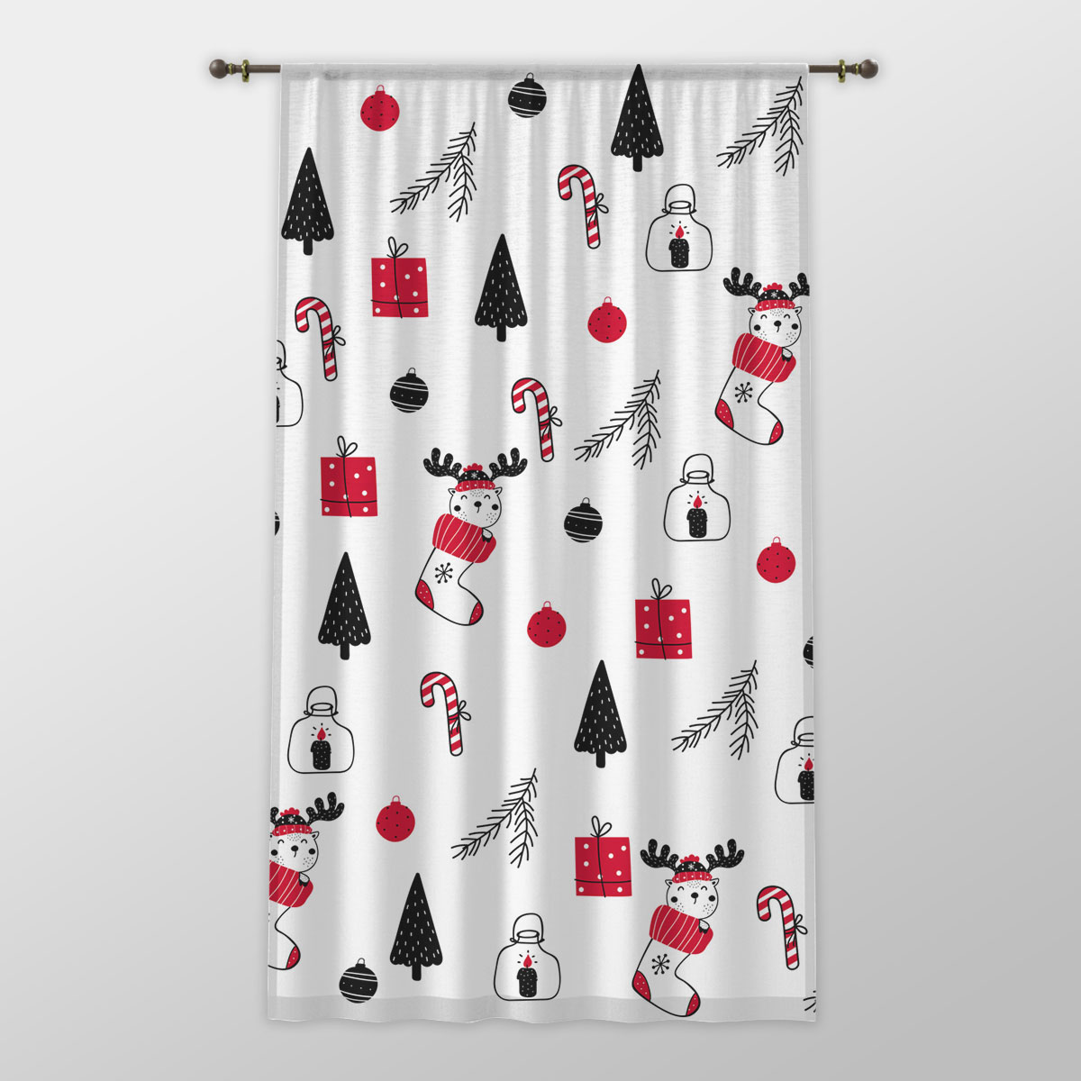 Reindeer Clipart In Hand Drawn Red Socks, Christmas Balls, Candy Canes, And Christmas Gifts Seamless White Pattern One-side Printed Window Curtain
