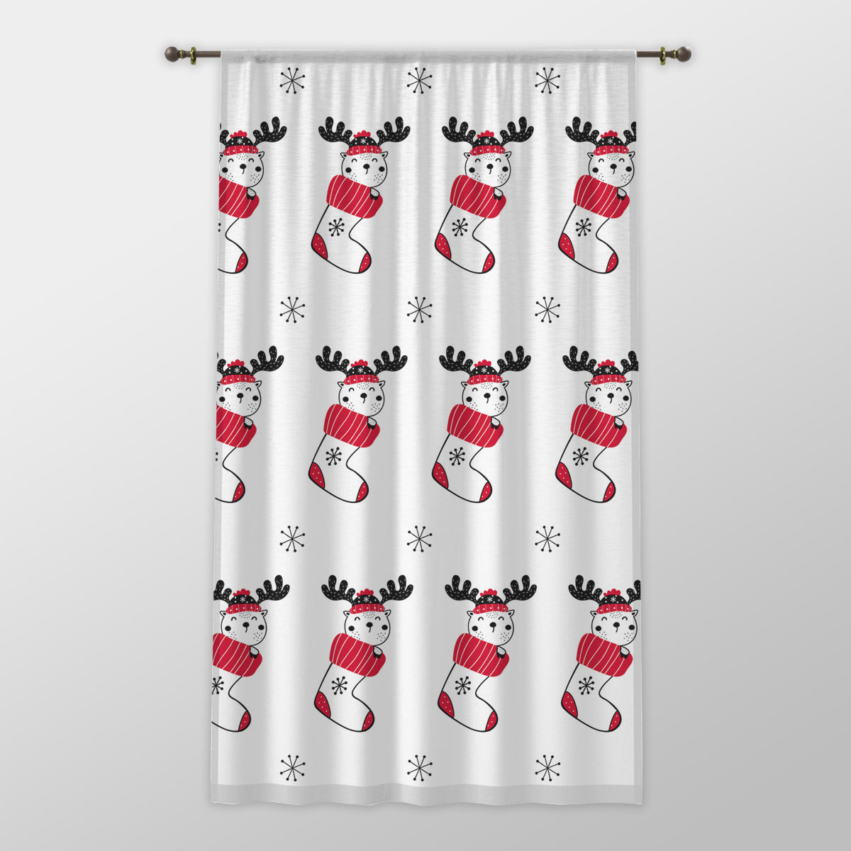 Reindeer Clipart In Hand Drawn Red Socks And Snowflake Clipart Seamless White Pattern One-side Printed Window Curtain