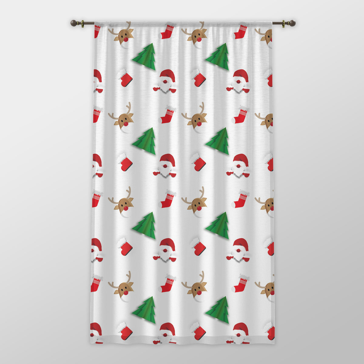 Santa Claus, Pine Tree Silhouette, Christmas Reindeer And Red Socks Seamless Pattern One-side Printed Window Curtain