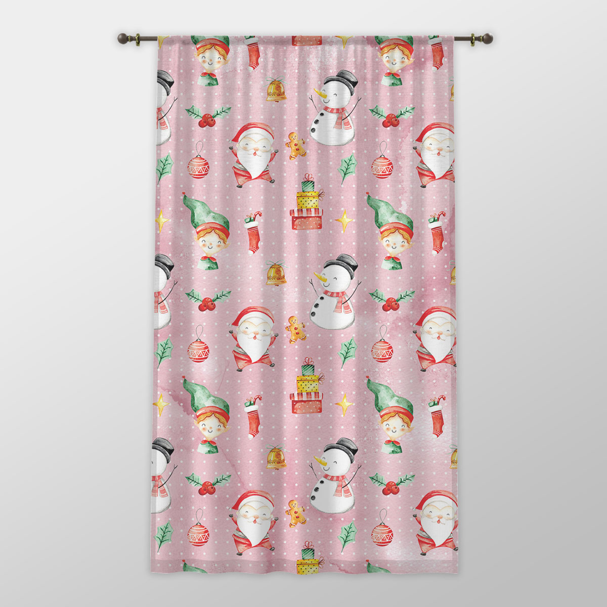 Santa Clause, Snowman And Christmas Elf With Christmas Gifts One-side Printed Window Curtain