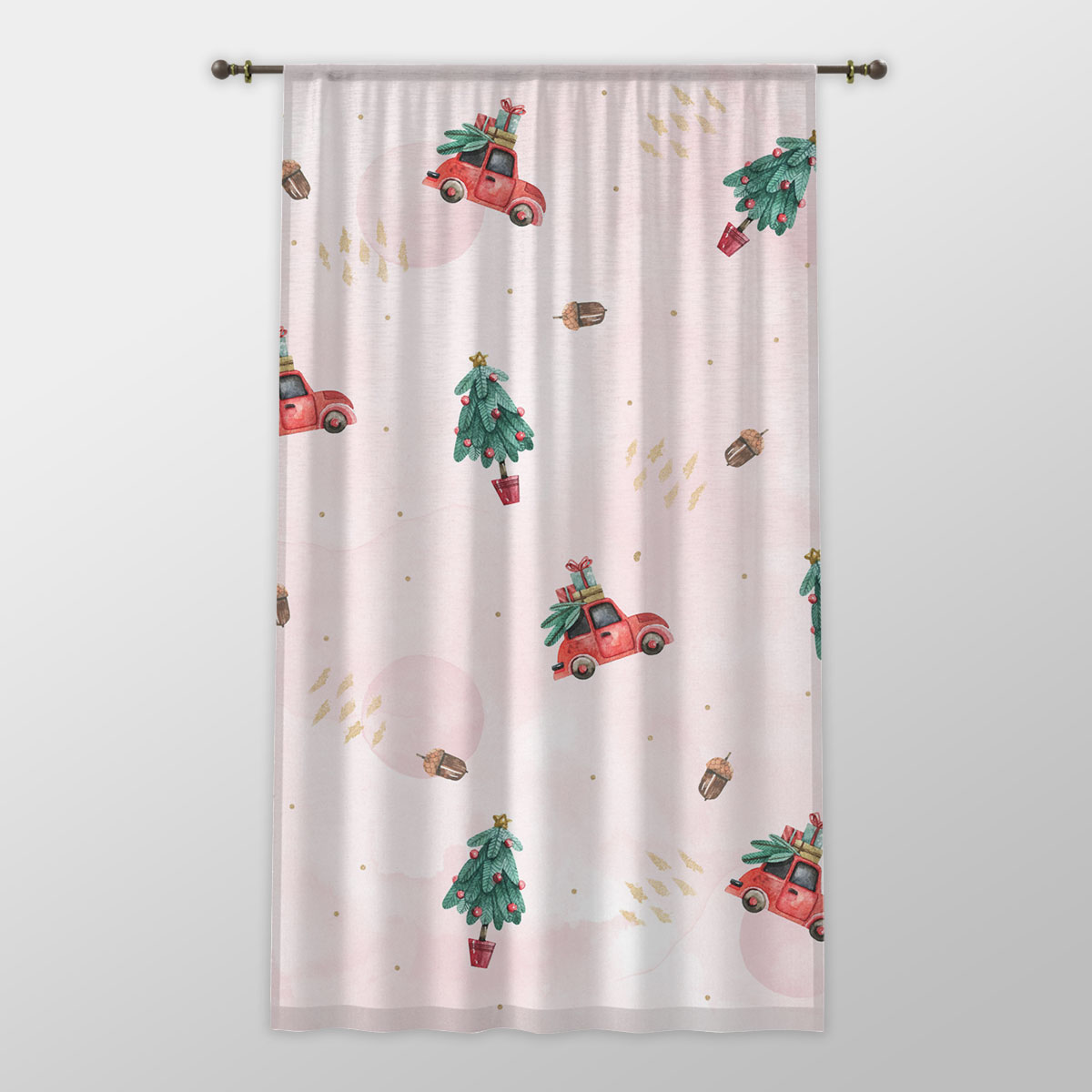 Watercolor Christmas Car With Gifts And Acorns Pink Pattern One-side Printed Window Curtain