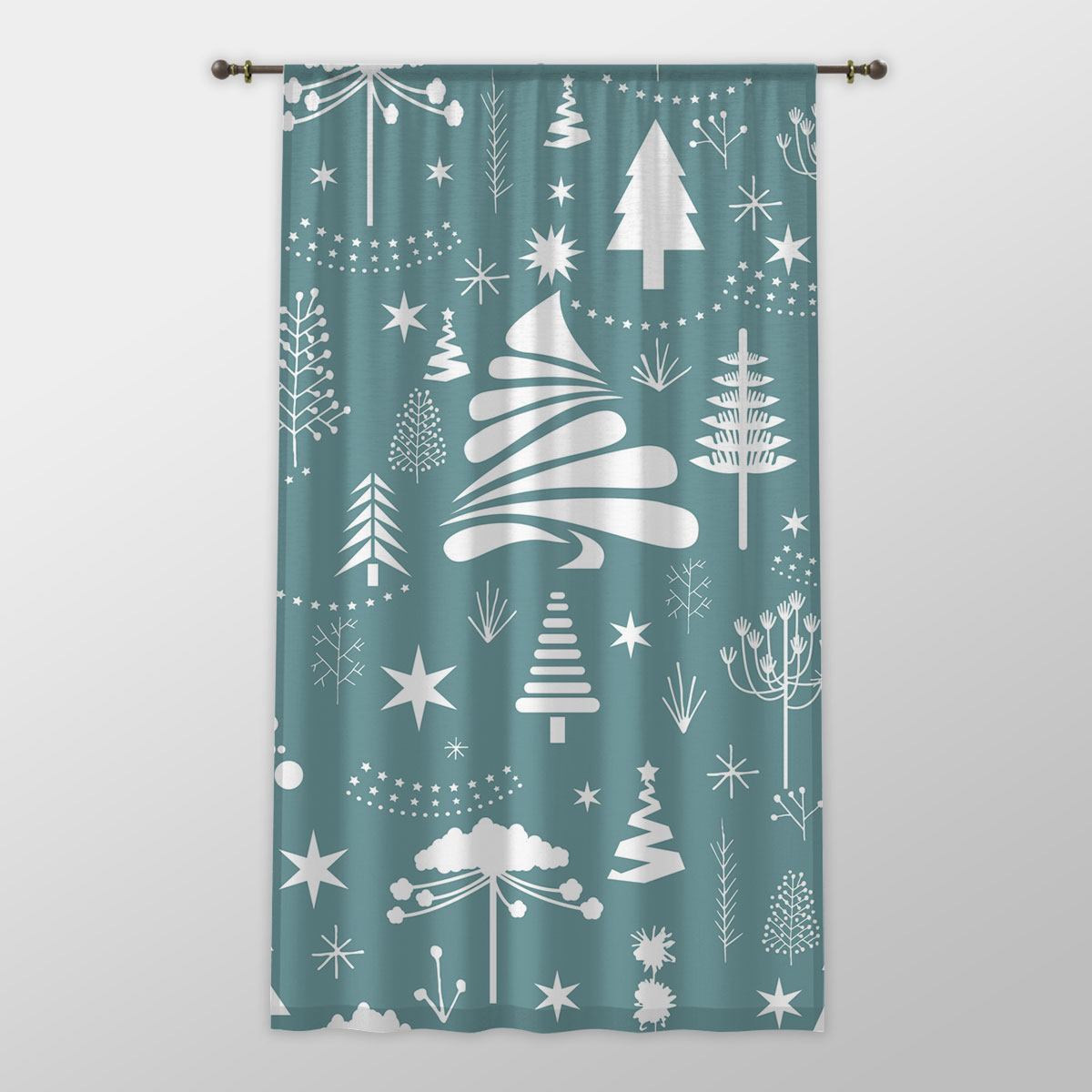 White And Blue Pine Tree Silhouette Pattern One-side Printed Window Curtain