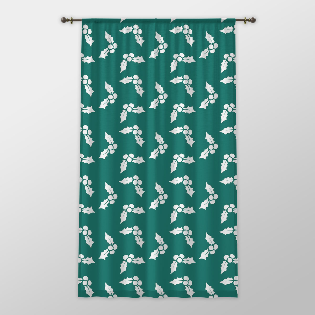 White And Dark Green Holly Leaf Christmas One-side Printed Window Curtain