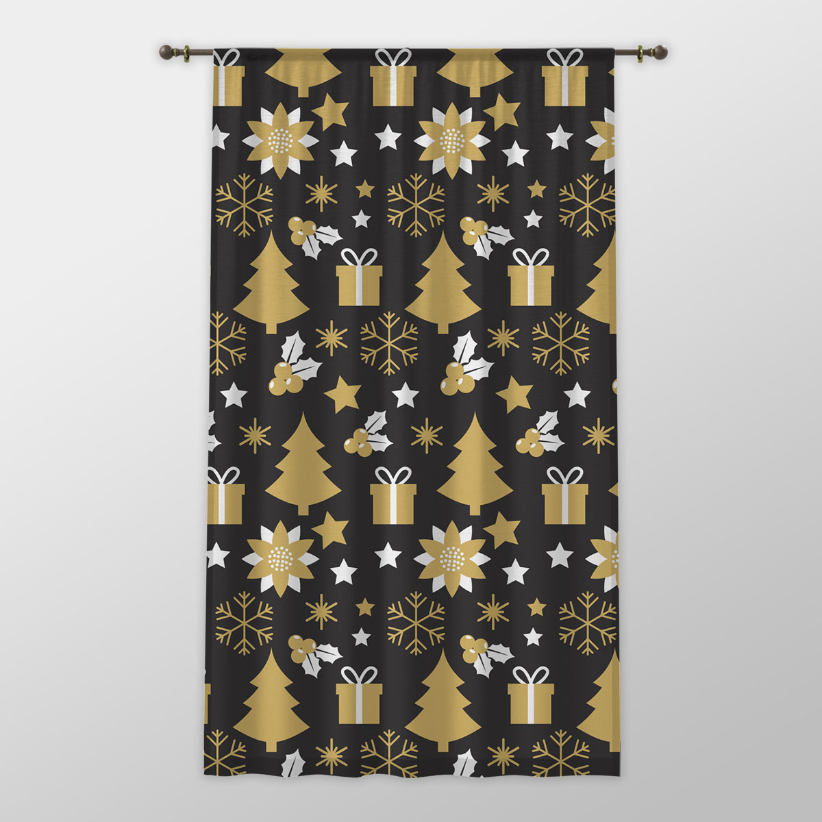 White And Gold Christmas Gift, Christmas Tree, Snowflake On Black Background One-side Printed Window Curtain