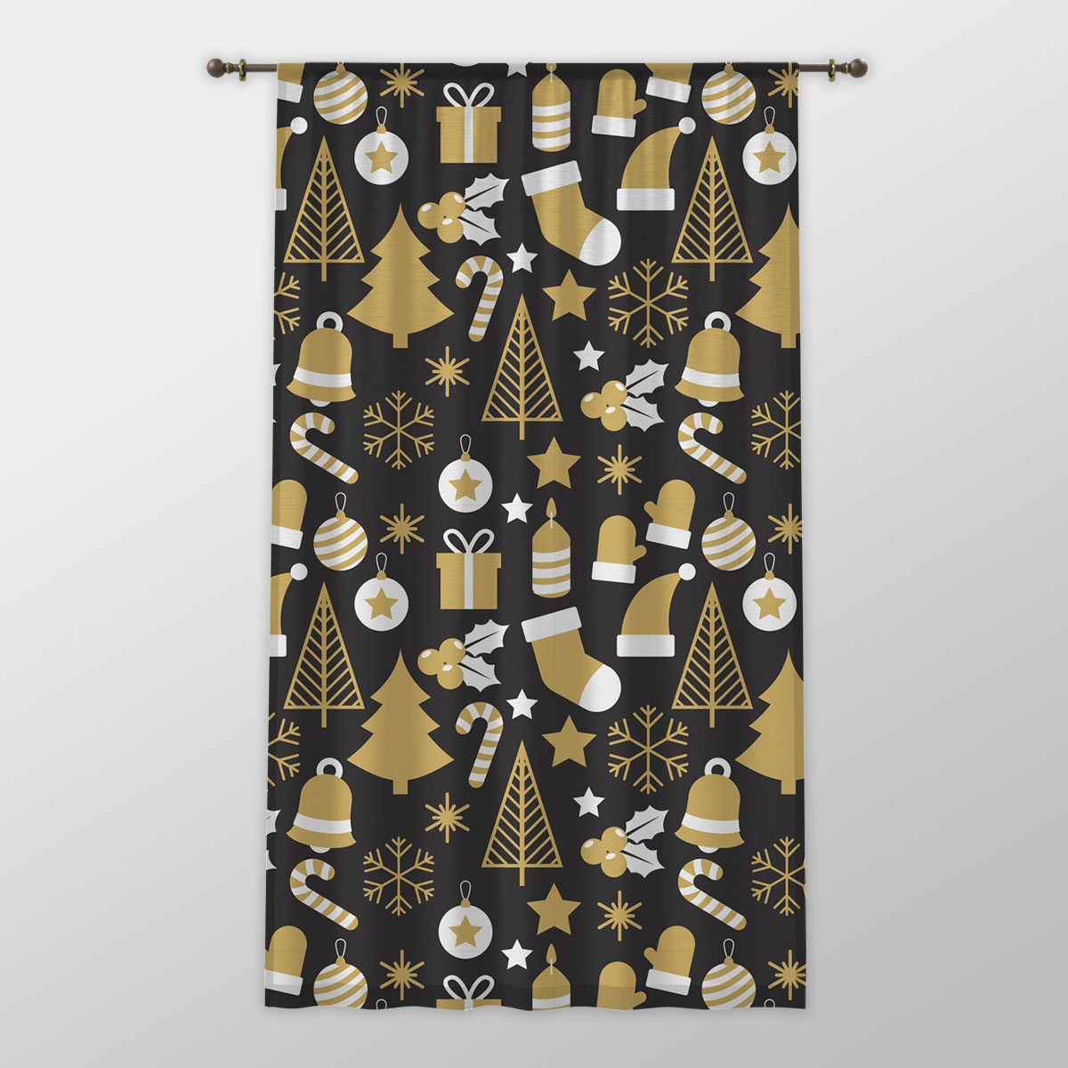 White And Gold Christmas Socks, Christmas Tree, Candy Cane On Black Background One-side Printed Window Curtain