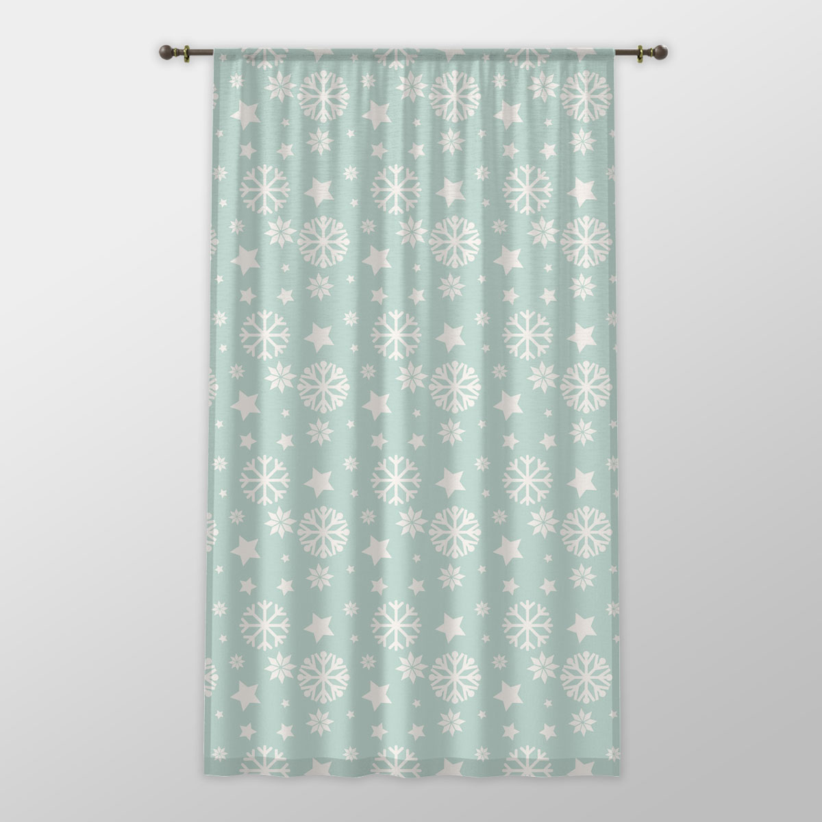 White And Light Green Snowflake And Christmas Stars One-side Printed Window Curtain
