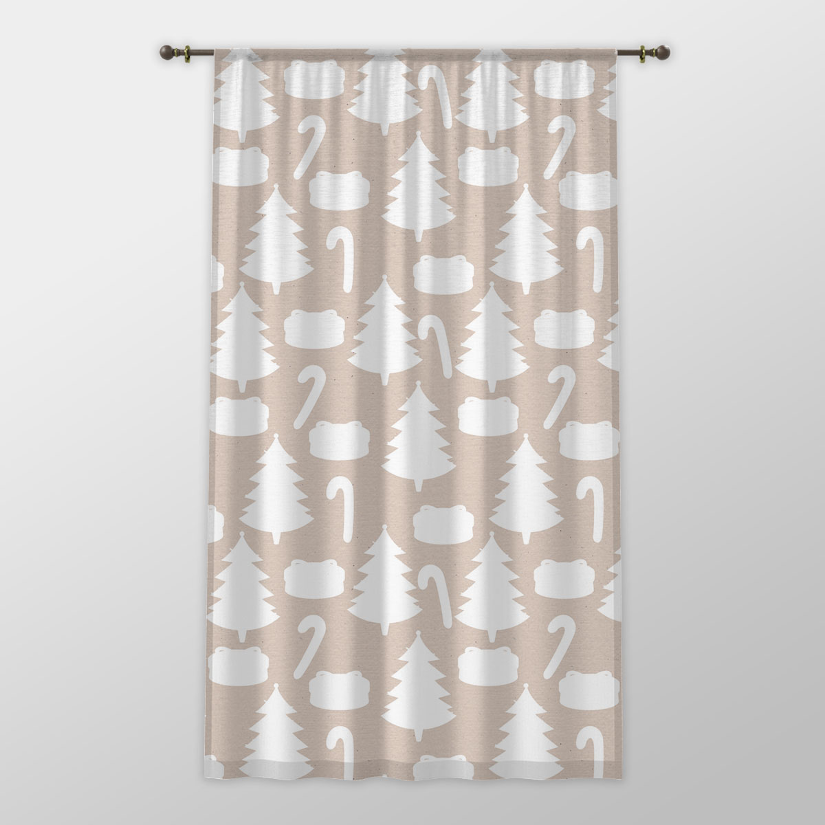 White Christmas Tree, Candy Cane On Beige Nude Background One-side Printed Window Curtain