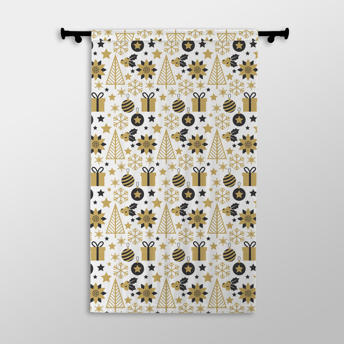 Black And Gold Christmas Gift, Holly Leaf, Snowflake On White Background Printed Window Curtains