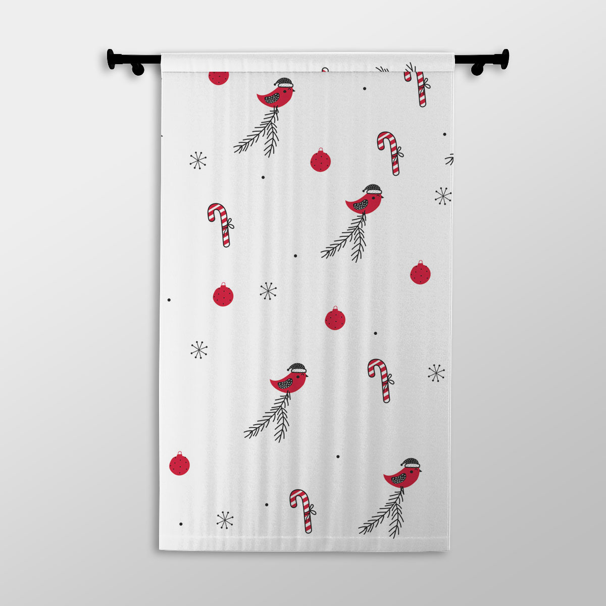 Cardinal Bird With Santa Hat, Candy Canes, Christmas Balls And Snowflake Clipart Seamless White Pattern Printed Window Curtains