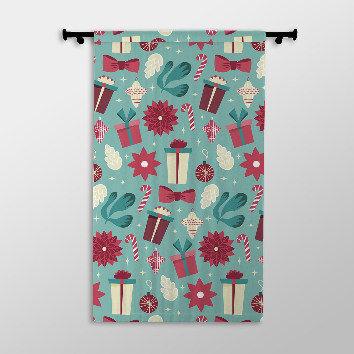 Christmas Gift, Candy Cane On Blue Background Printed Window Curtains
