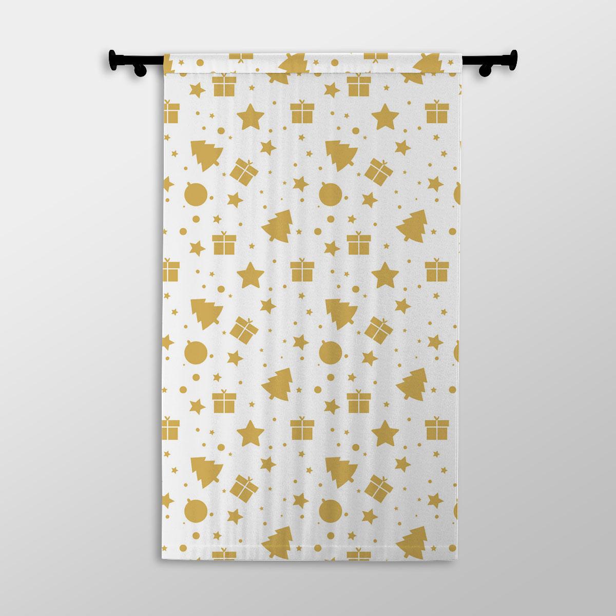 Christmas Gifts, Baudles And Pine Tree Silhouette Filled In Gold Color Pattern Printed Window Curtains