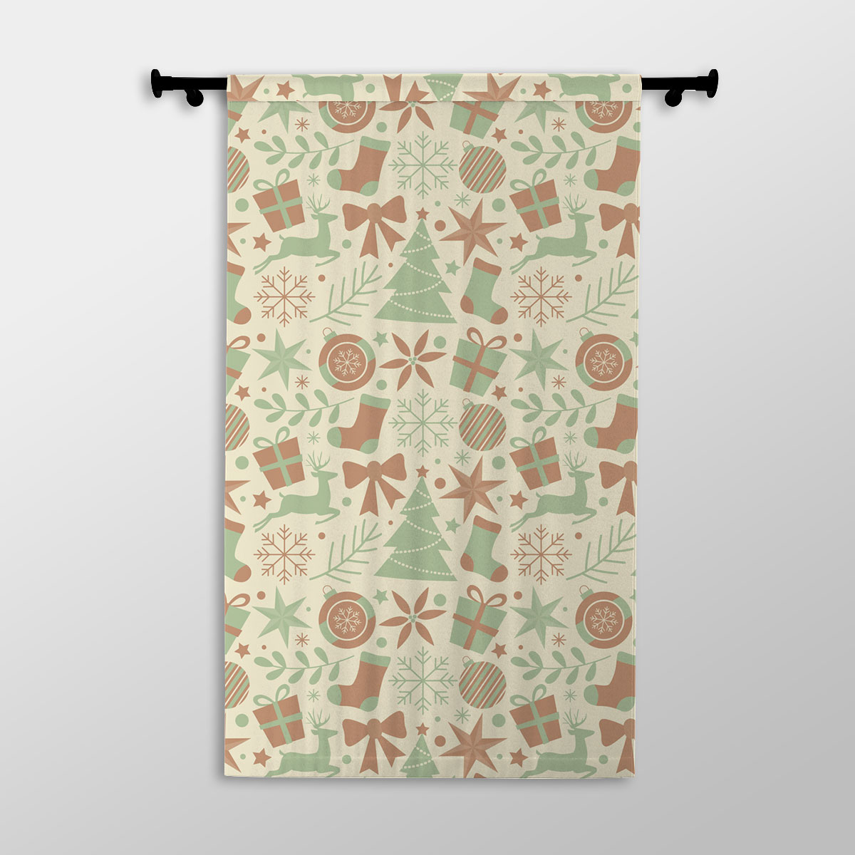 Christmas Gifts, Pine Tree and Red Socks On The Snowflake Background Printed Window Curtains
