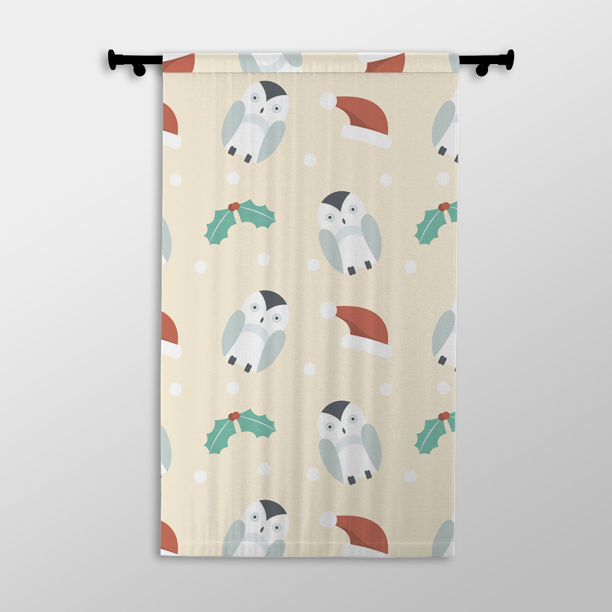 Christmas Penguins, Holly Leaf On Light Yellow Background Printed Window Curtains