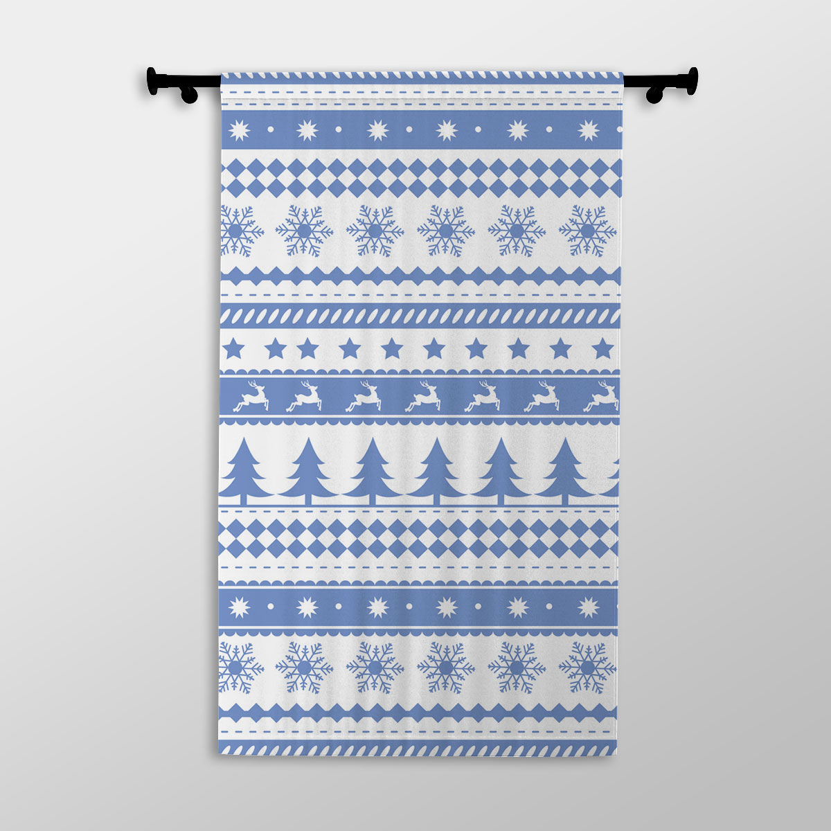 Christmas Pine Tree Silhouette, Reindeer And Snowflake Seamless Blue Pattern Printed Window Curtains
