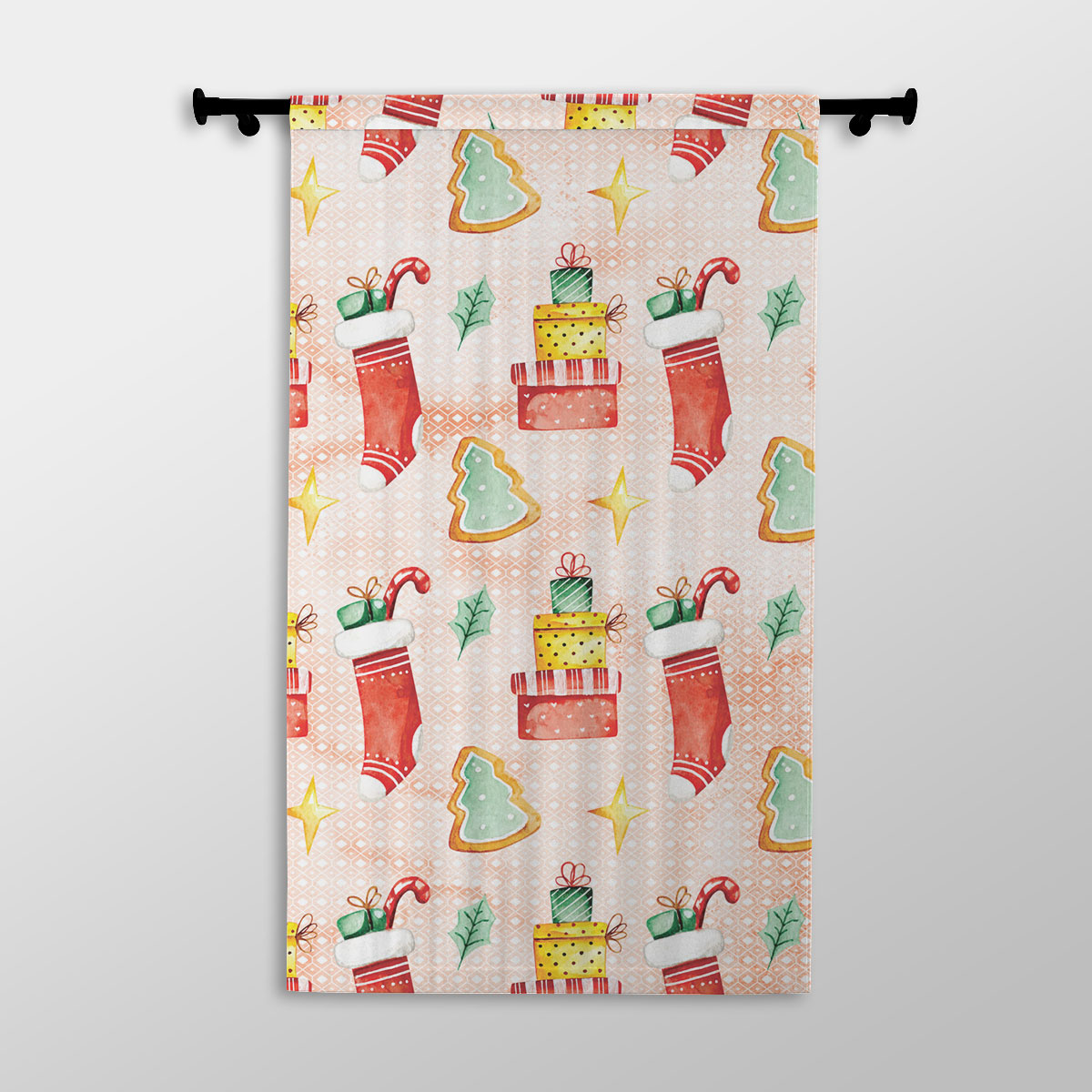 Gingerbread, Christmas Tree, Red Socks With Candy Canes Printed Window Curtains