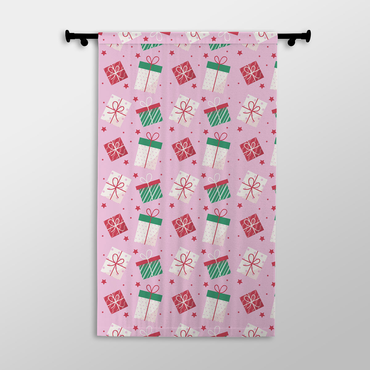 Red Green And White Christmas Gift On Pink Background Printed Window Curtains