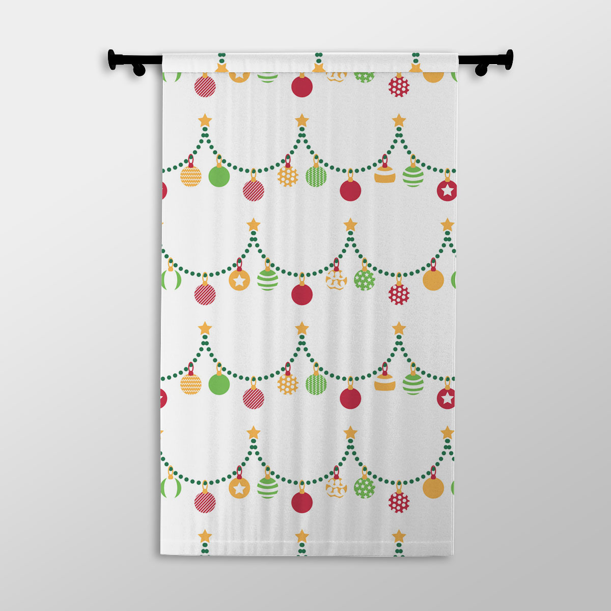 Red Green And White Christmas Light, Christmas Ball Printed Window Curtains