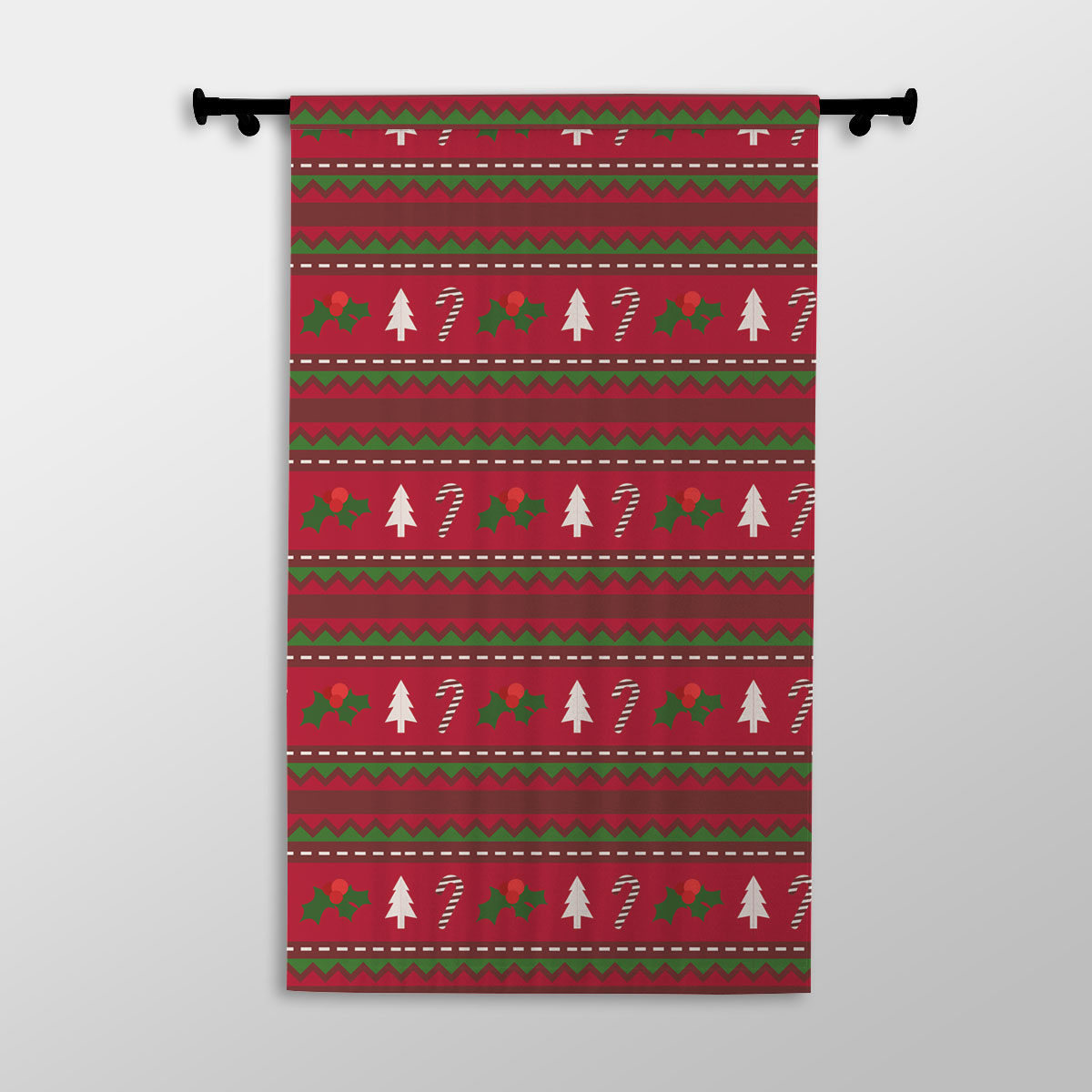 Red Green And White Christmas Tree, Holly Leaf With Candy Cane.jpg Printed Window Curtains