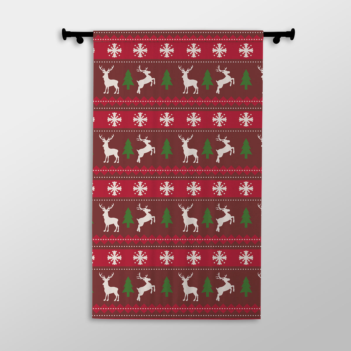Red Green And White Christmas Tree, Reindeer With Snowflake Printed Window Curtains