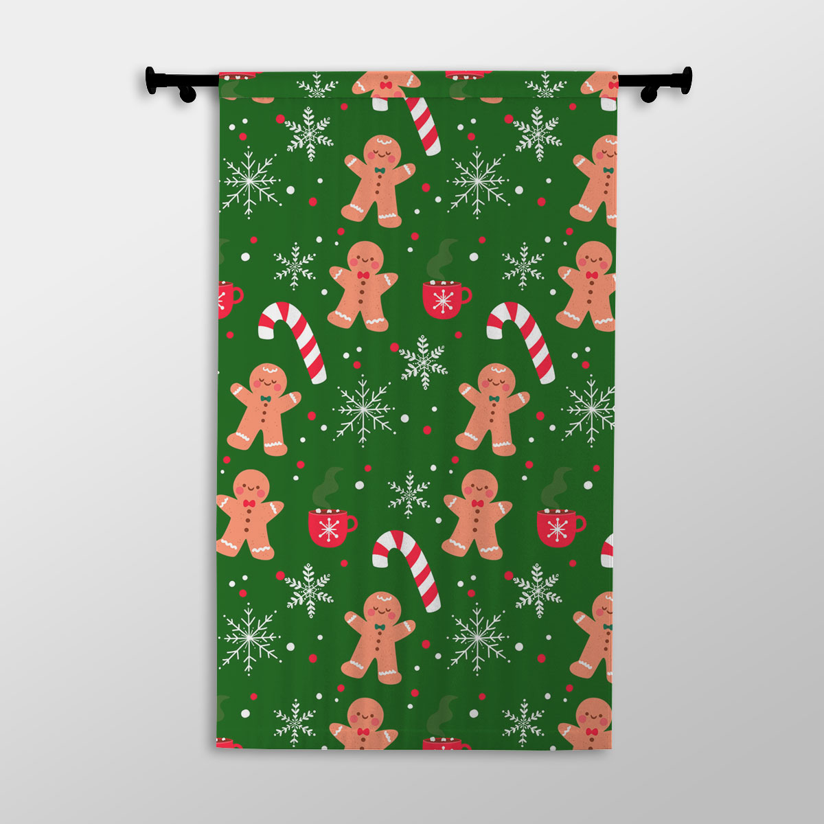 Red Green And White Gingerbread Man, Candy Cane With Snowflake Printed Window Curtains