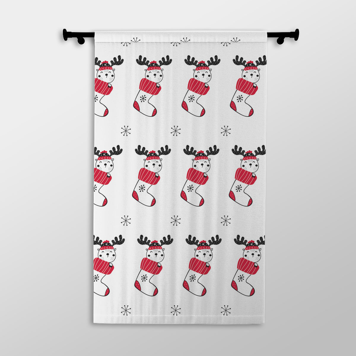 Reindeer Clipart In Hand Drawn Red Socks And Snowflake Clipart Seamless White Pattern Printed Window Curtains