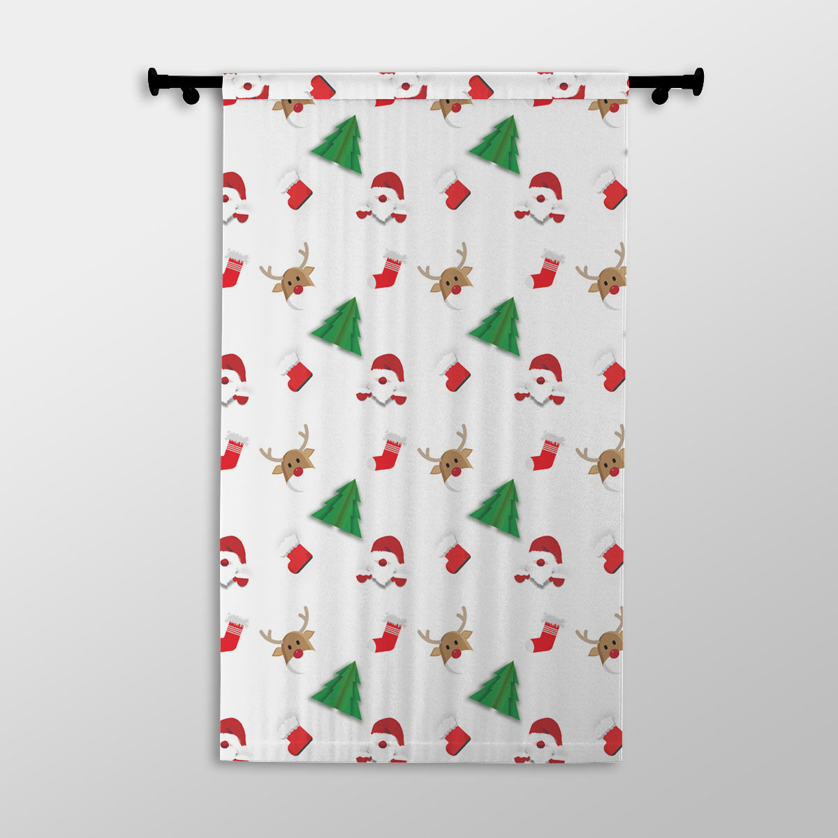 Santa Claus, Pine Tree Silhouette, Christmas Reindeer And Red Socks Seamless Pattern Printed Window Curtains