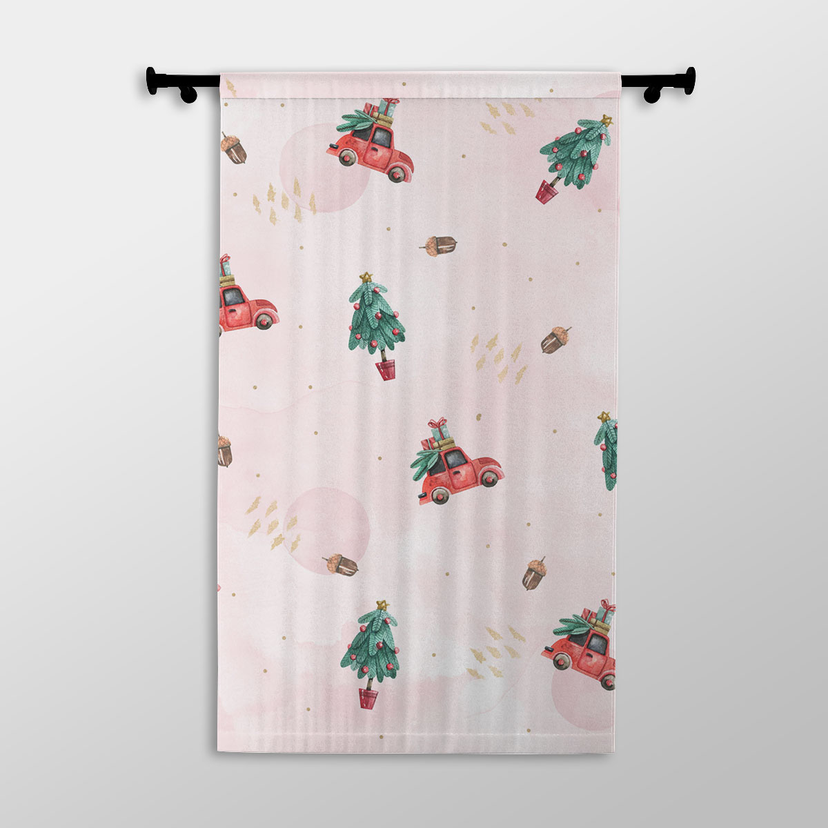 Watercolor Christmas Car With Gifts And Acorns Pink Pattern Printed Window Curtains