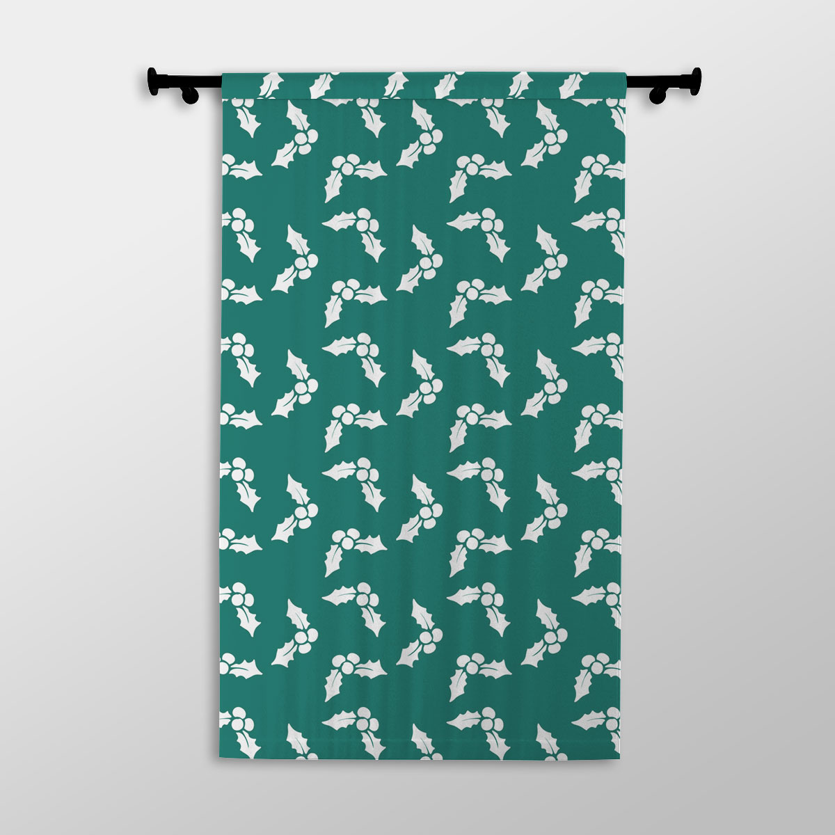 White And Dark Green Holly Leaf Christmas Printed Window Curtains