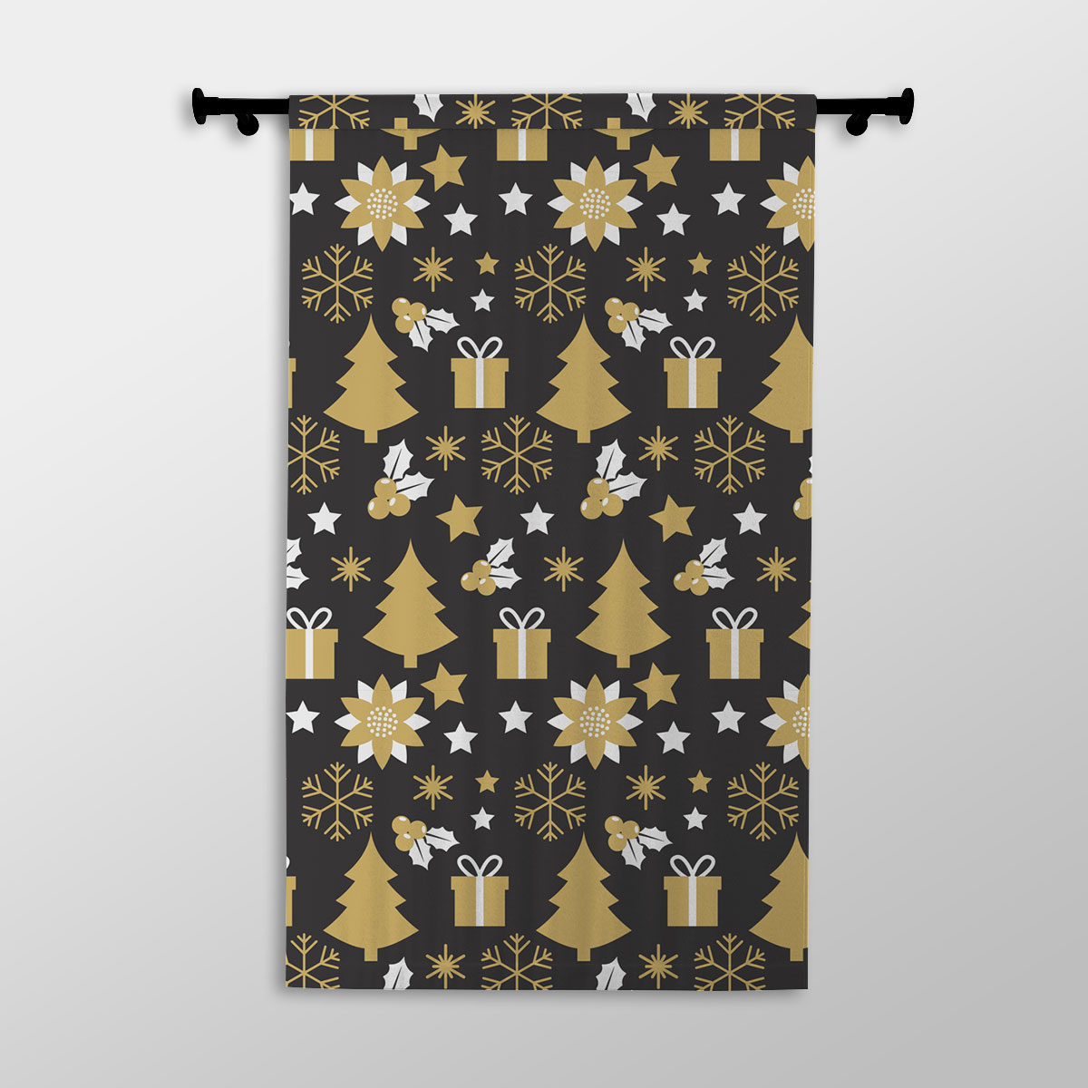White And Gold Christmas Gift, Christmas Tree, Snowflake On Black Background Printed Window Curtains