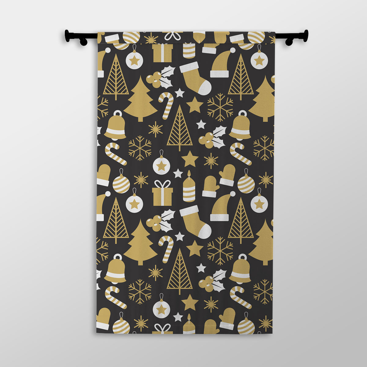 White And Gold Christmas Socks, Christmas Tree, Candy Cane On Black Background Printed Window Curtains