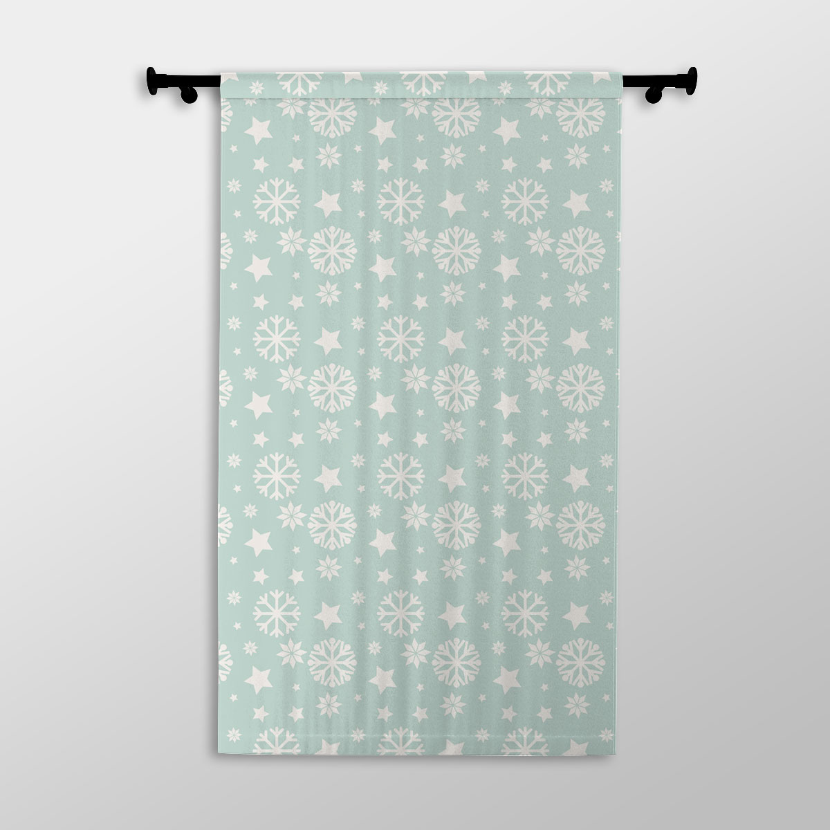 White And Light Green Snowflake And Christmas Stars Printed Window Curtains