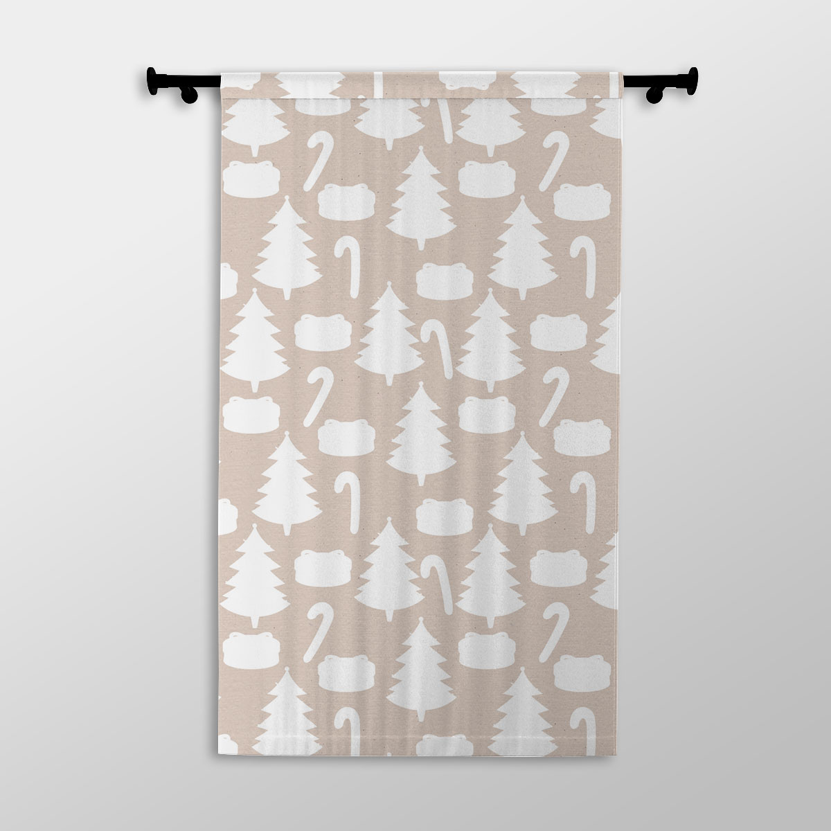 White Christmas Tree, Candy Cane On Beige Nude Background Printed Window Curtains