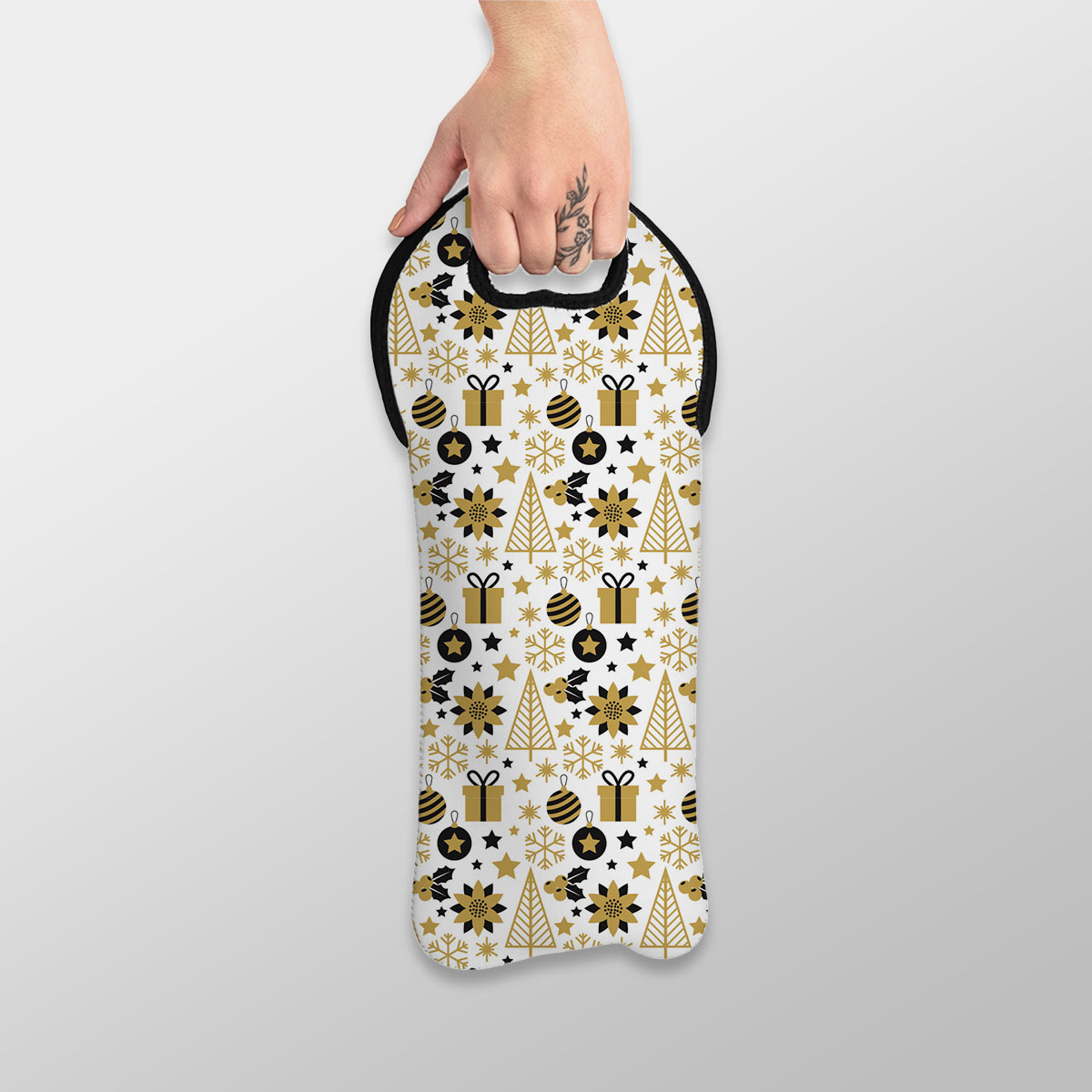 Black And Gold Christmas Gift, Holly Leaf, Snowflake On White Background Wine Tote Bag