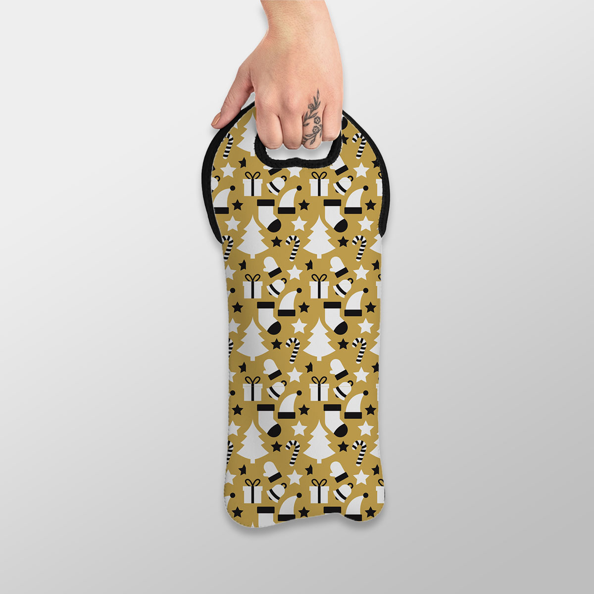 Black And White Christmas Socks, Christmas Tree, Candy Cane On Gold Background Wine Tote Bag