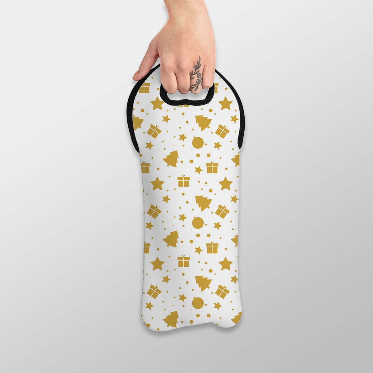 Christmas Gifts, Baudles And Pine Tree Silhouette Filled In Gold Color Pattern Wine Tote Bag