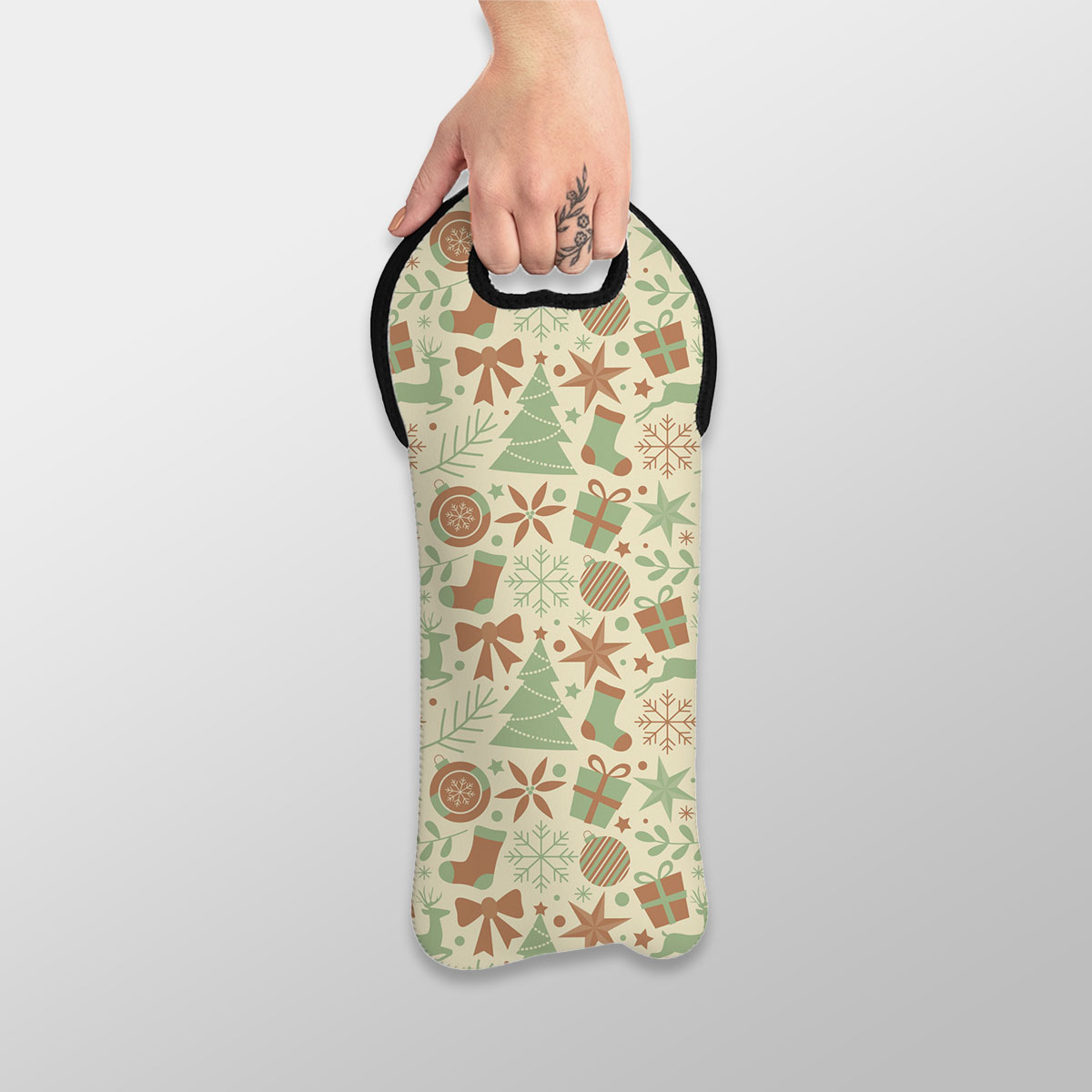 Christmas Gifts, Pine Tree and Red Socks On The Snowflake Background Wine Tote Bag