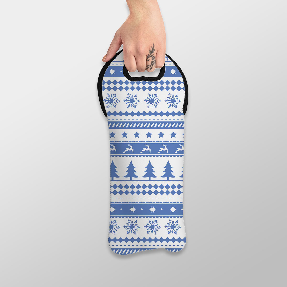Christmas Pine Tree Silhouette, Reindeer And Snowflake Seamless Blue Pattern Wine Tote Bag