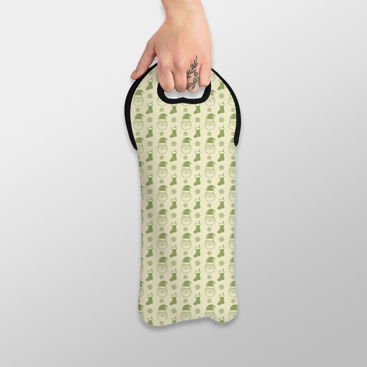 Green And Yellow Santa Clause, Christmas Socks On Snowflake Background Wine Tote Bag