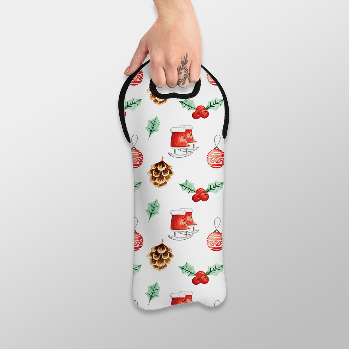 Ice Skates, Holly Leaf, Pine Cone And Christmas Baubles Wine Tote Bag