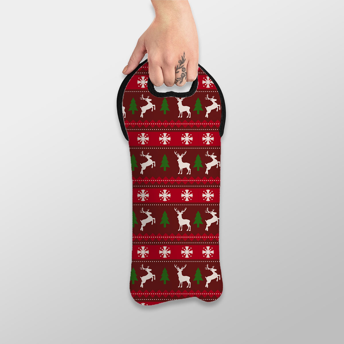 Red Green And White Christmas Tree, Reindeer With Snowflake Wine Tote Bag