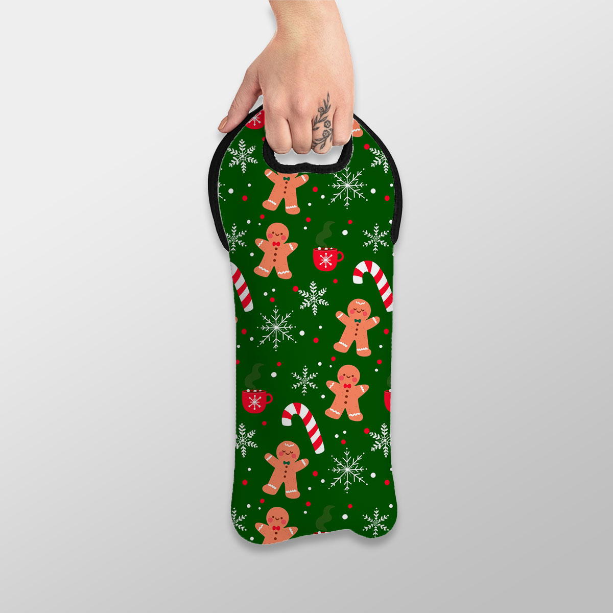 Red Green And White Gingerbread Man, Candy Cane With Snowflake Wine Tote Bag
