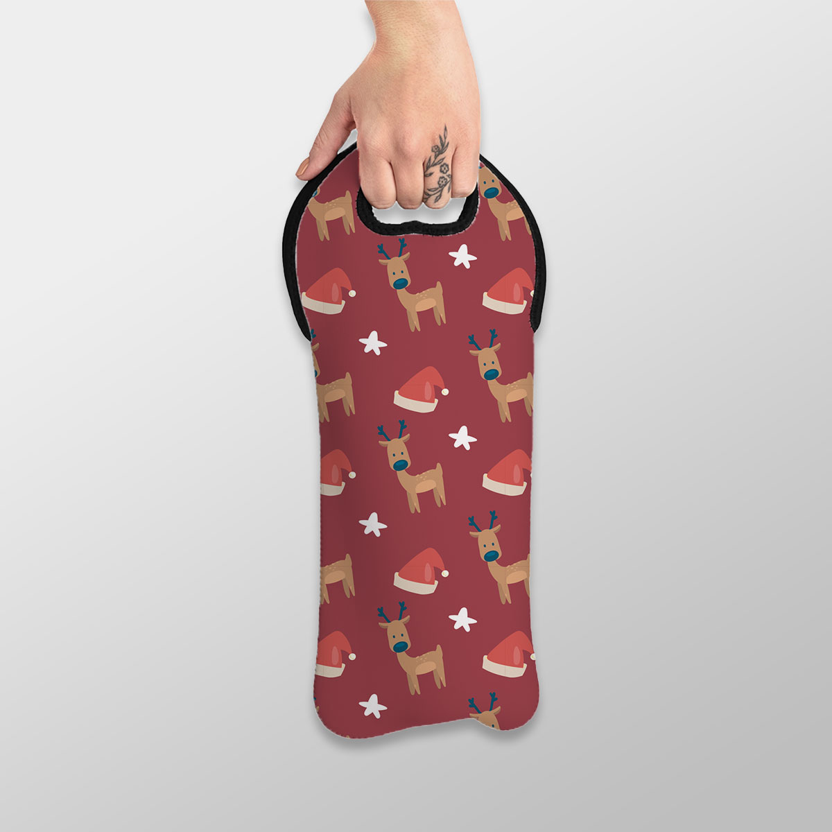 Reindeer Clipart, Santa Hat And Star Seamless Red Pattern Wine Tote Bag