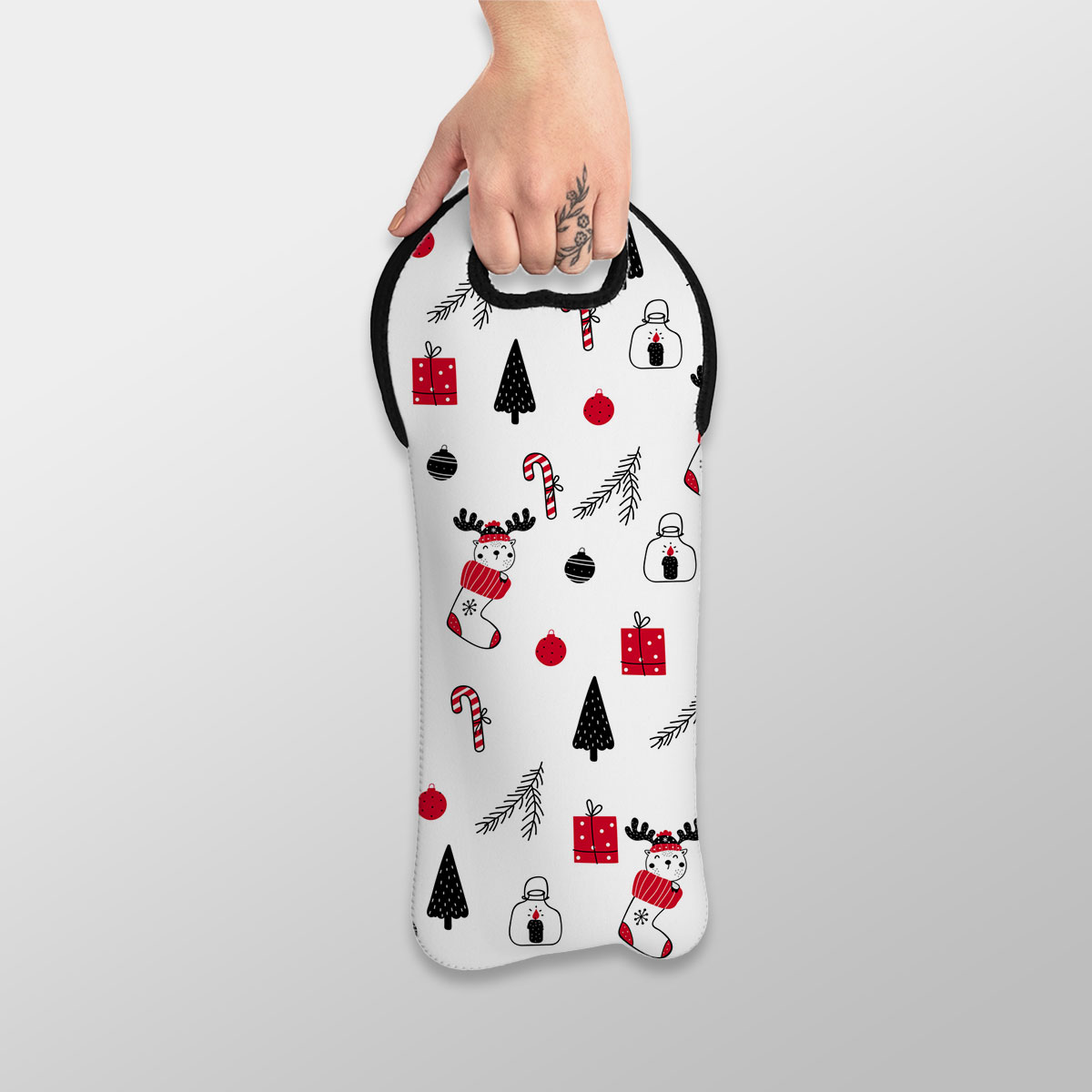 Reindeer Clipart In Hand Drawn Red Socks, Christmas Balls, Candy Canes, And Christmas Gifts Seamless White Pattern Wine Tote Bag
